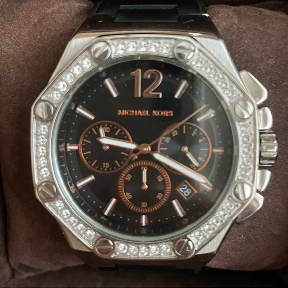 Ladies Michael Kors Watch Black Crystals Bronze Copper Silver Authentic - Picture 3 of 7